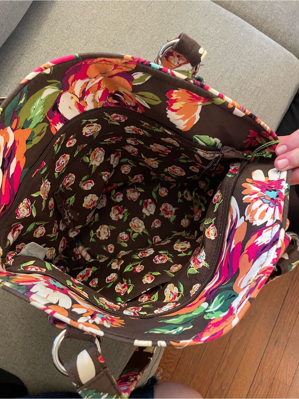 Vera Bradley Quilted Floral Tote in Brown with Pink & Orange Accents - Picture 4 of 5